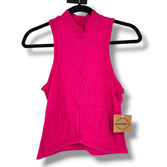 NEW One Step Up Women's Turtleneck High Stretch Ribbed Tank Top Pink Size Medium - Picture 1 of 8
